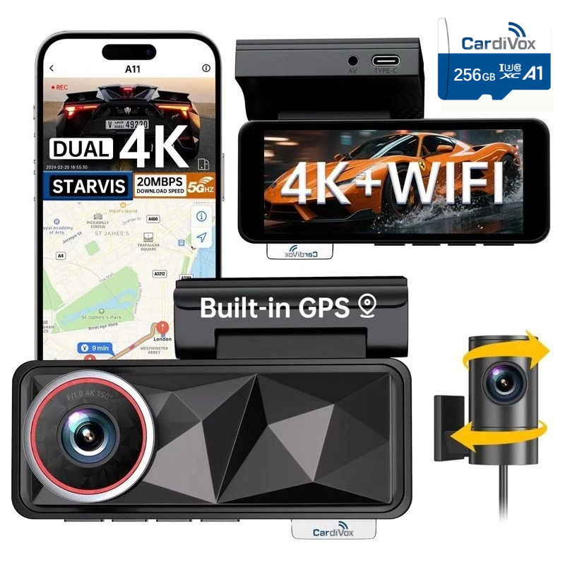 CardiVox - 4K Dash Cam 6Lens Dash Camera Front and Rear SONY STARVIS 2 Sensor Night Vision 5GHz WiFi GPS 24/7 Parking mode, 256GB