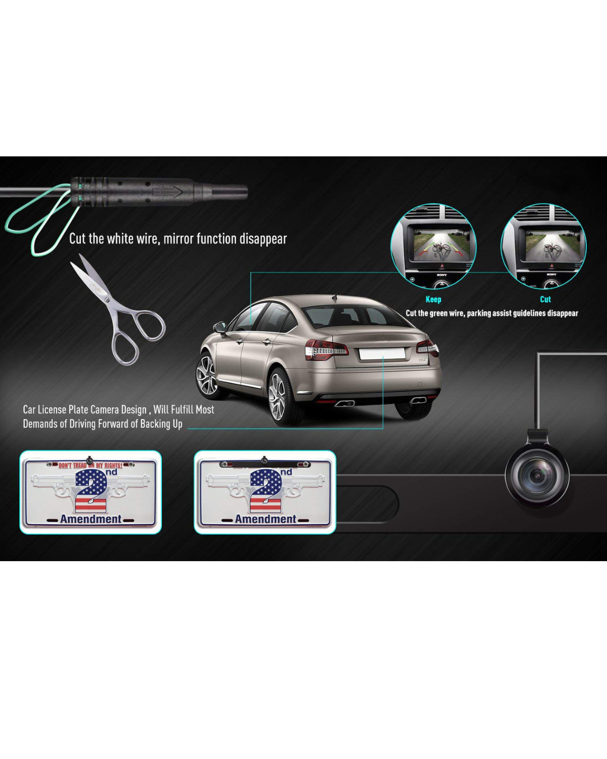 CardiVox License Plate Backup Camera – HD Rear View Camera with Night Vision, 170° Wide Angle, Waterproof IP67, Universal