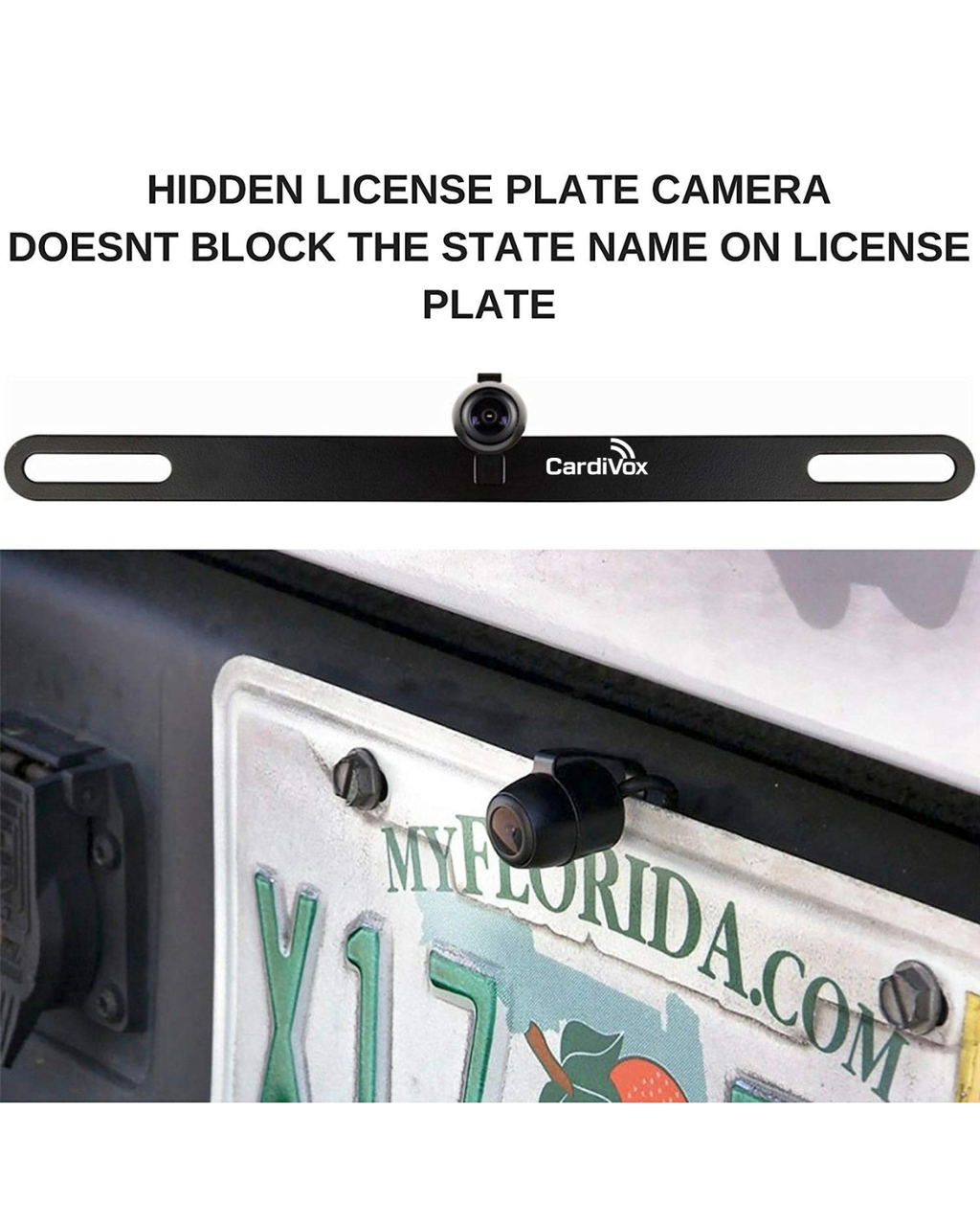 CardiVox License Plate Backup Camera – HD Rear View Camera with Night Vision, 170° Wide Angle, Waterproof IP67, Universal