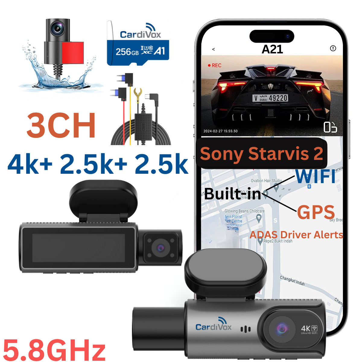 CardiVox A21 3 Channel Dash Cam 4K+2.5K+2.5K Sony STARVIS 2 GPS WiFi ADAS 256GB