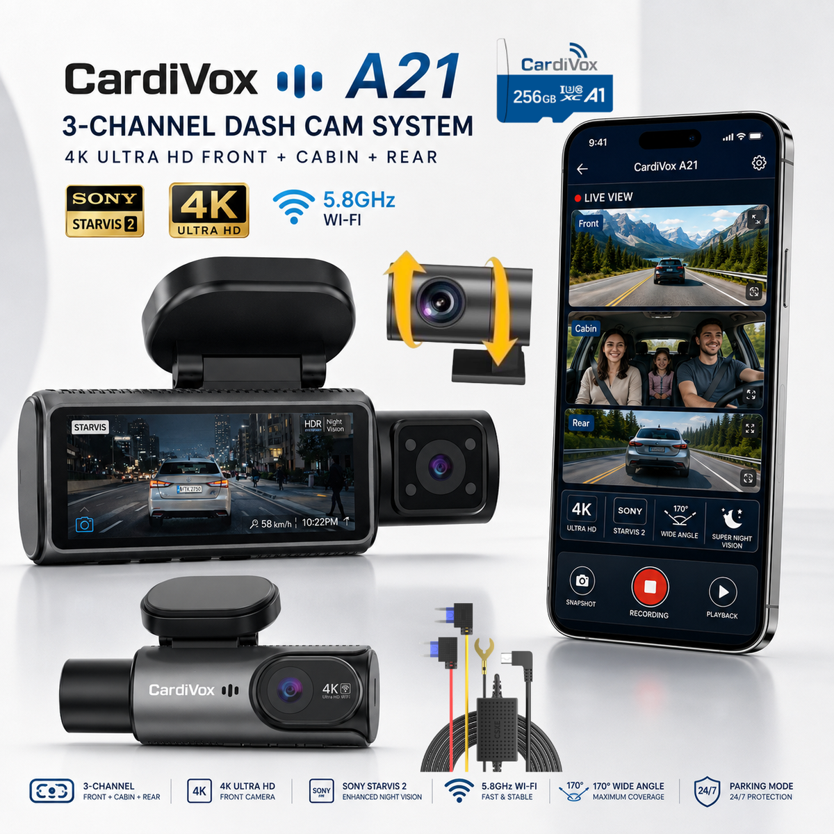 CardiVox A21 3 Channel Dash Cam 4K+2.5K+2.5K Sony STARVIS 2 GPS WiFi ADAS 256GB