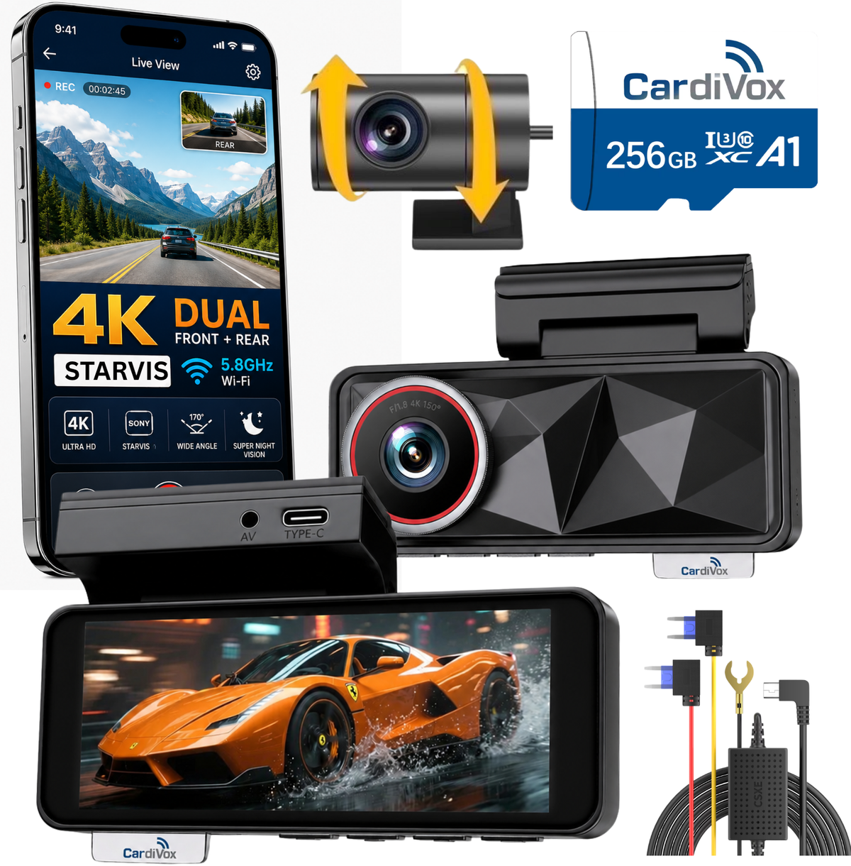 CardiVox - 4K Dash Cam 6Lens Dash Camera Front and Rear SONY STARVIS  Sensor Night Vision 5GHz WiFi GPS 24/7 Parking mode, 256GB