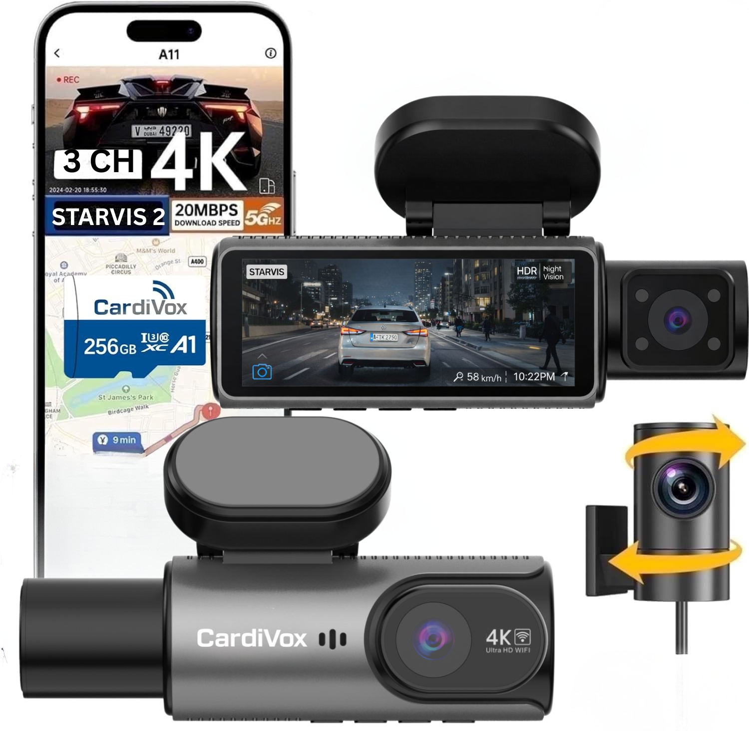 CardiVox A21 3 Channel Dash Cam 4K+2.5K+2.5K Sony STARVIS 2 GPS WiFi ADAS 256GB