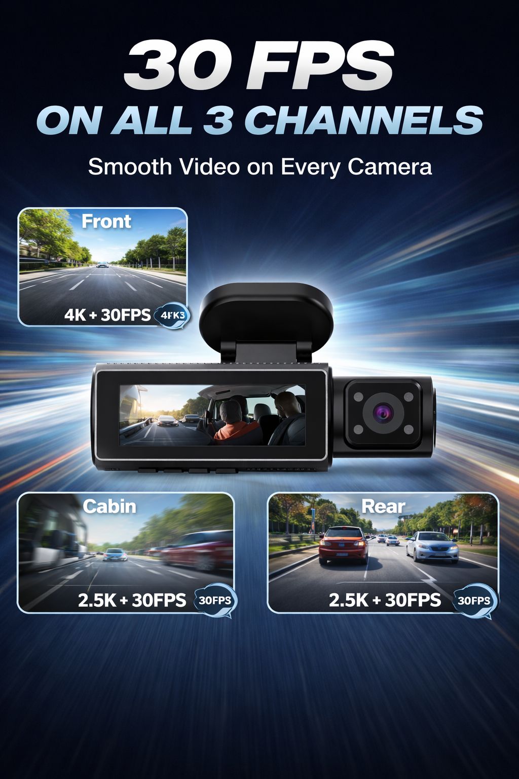 CardiVox A21 3 Channel Dash Cam 4K+2.5K+2.5K Sony STARVIS 2 GPS WiFi ADAS 256GB