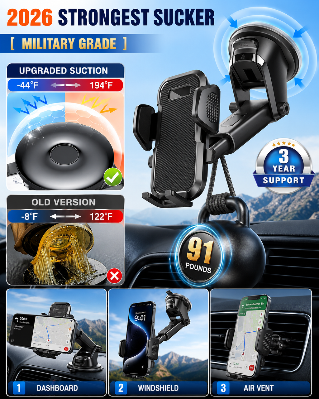 CardiVox 3-in-1 Car Phone Holder Mount for iPhone & Android Dashboard & Windshield Cell Phone Holder One-Touch Lock