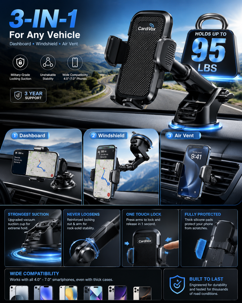 CardiVox 3-in-1 Car Phone Holder Mount for iPhone & Android Dashboard & Windshield Cell Phone Holder One-Touch Lock