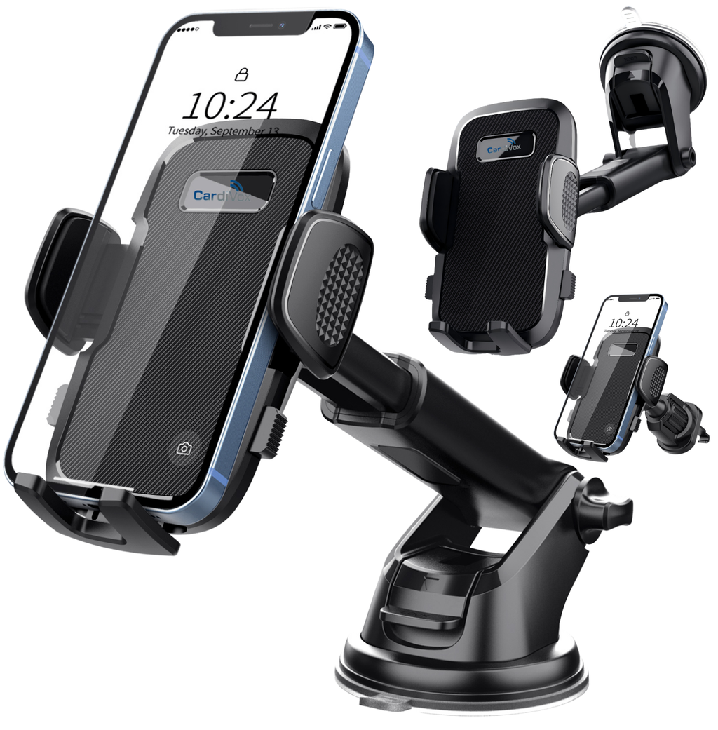 CardiVox 3-in-1 Car Phone Holder Mount for iPhone & Android Dashboard & Windshield Cell Phone Holder One-Touch Lock