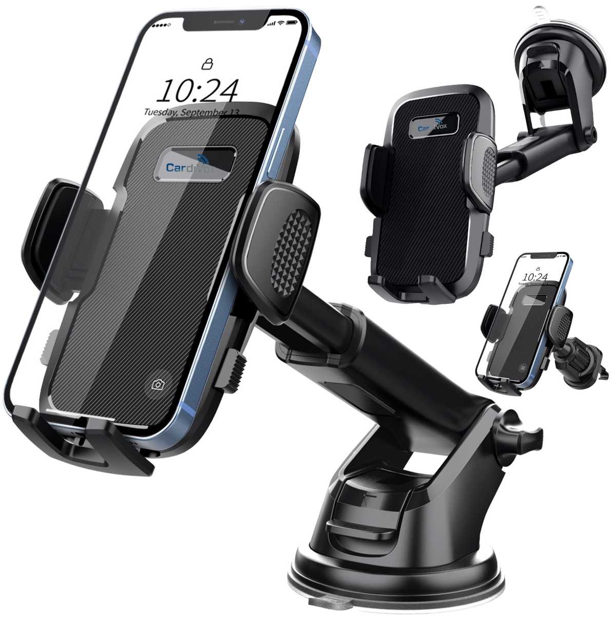 CardiVox 3-in-1 Car Phone Holder Mount for iPhone & Android Dashboard & Windshield Cell Phone Holder One-Touch Lock