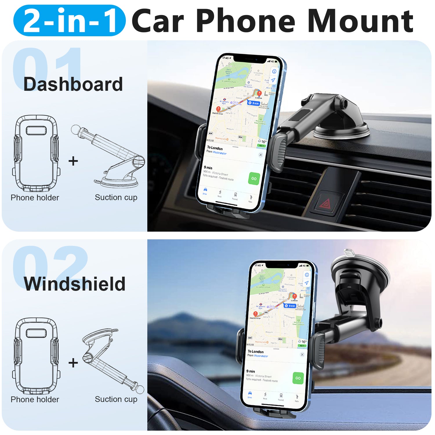 CardiVox 2-in-1 Car Phone Holder Mount for iPhone & Android, Dashboard & Windshield Cell Phone Holder, One-Touch Lock