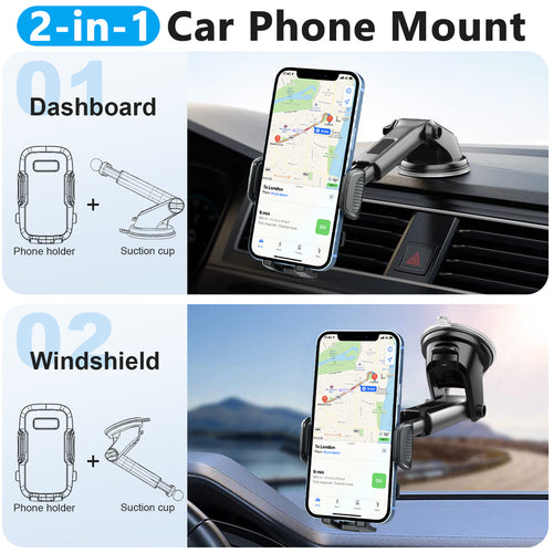 CardiVox 2-in-1 Car Phone Holder Mount for iPhone & Android, Dashboard & Windshield Cell Phone Holder, One-Touch Lock