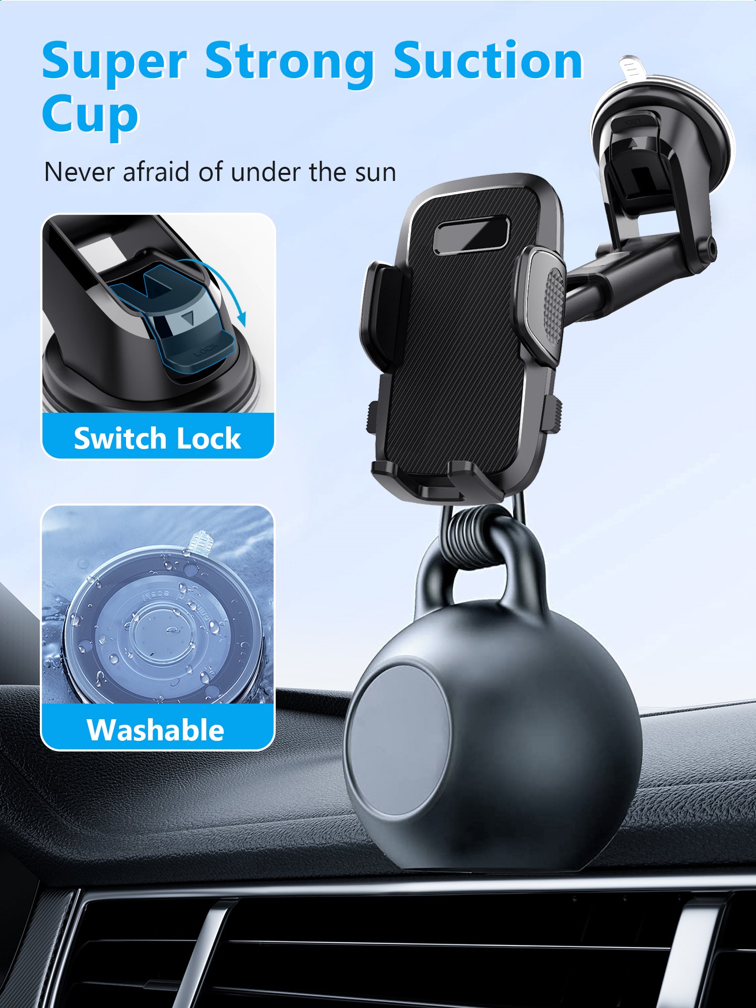 CardiVox 2-in-1 Car Phone Holder Mount for iPhone & Android, Dashboard & Windshield Cell Phone Holder, One-Touch Lock